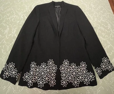 Blazer Nipon Boutique Mujer 14 Negro Blanco Floral Bordado Chaqueta Abierta Forrada Foto 1 de 4