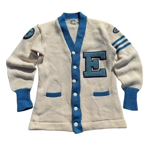 Vintage Bucky Warren Letterman Cardigan Sweater Knit Collegiate Blue Cream 1960 - Picture 1 of 11