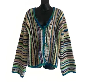 Handgehäkelte-Unikat-Kunstjacke Garnbinder gestreift Kaschmir Kanten eklektisch - Bild 1 von 8