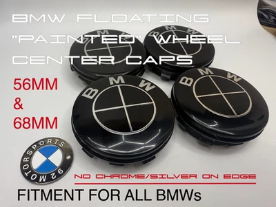 BMW "PAINTED" Floating Wheel Center Cap Set 68mm & 56mm NO CHROME ON EDGE! BLACK - Image 1 of 4