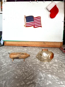 PIGGY BANKS WOOD MOUNT VERNON VA. AND AMBER GLASS SET OF 2 - Picture 1 of 11