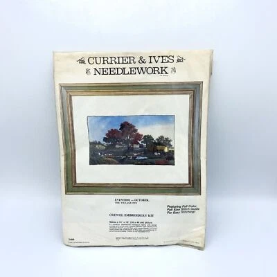 Currier & Ives Needlework Crewel Embroidery Kit Eventide October The Village Inn - Image 1 of 3