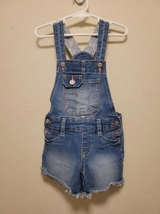 Jordache Girls Denim Overalls Size XS 4/5 Short Pink Accents Flowers Pockets  - Picture 1 of 11