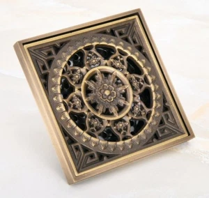 Carved Antique Brass Square Shower Drain Floor Waste Drain Cover Strainer mhr051 - Picture 1 of 5