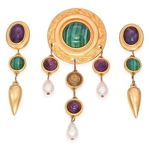 Vintage Gold-Plated Amethyst, Malachite, Pearl Brooch & Earring Set - Picture 1 of 5