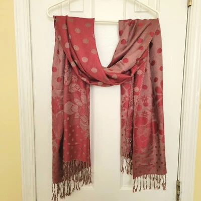 Large Red Tan 27x73 Inch 6 ft Rectangle Scarf Polka Dot Flower Stole Tassel — 第 1/4 张图片