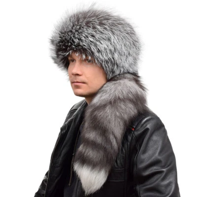 Sombrero de trampero de piel de zorro plateado genuino para hombre con cola de piel natural gris gorra de invierno Foto 1 de 2