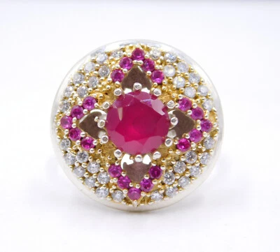 Lab- Create Ruby & Zircon Cut Stone 925 Sterling Silver Two Tone Ring Size 8.75" - Image 1 of 4