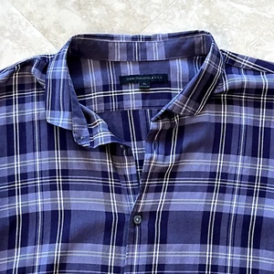 John Varvatos Mens Shirt XL USA Blue Plaid Cotton Viscose Blend Designer - Picture 1 of 8