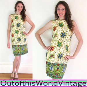 Vtg 60s MOD BATIK MINI DRESS green ethnic sleeveless BABYDOLL INDONESIAN STYLE S - Picture 1 of 11