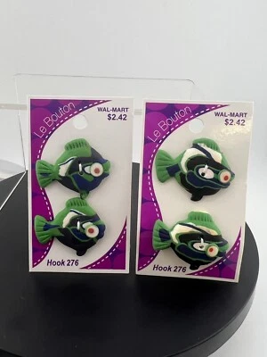 4 Le Bouton Vintage Fish Buttons  2 Hole Hook 276 Green Multi Color Fun Colorful - Image 1 of 4
