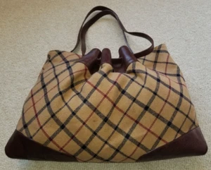 Womens Purse-BROOKS BROTHERS-Brown Plaid Wool / Italian Leather Tote Shoulder - Picture 1 of 6