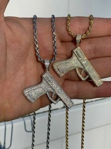 Solid 925 Silver Gun Pendant 9mm Pistol Pendant W. Rope Chain Large 2" CZ ICY - Picture 1 of 14