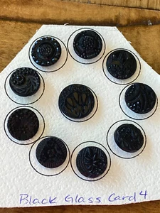 10 vintage Victorian black glass mourning buttons: round with raised designs - Picture 1 of 10