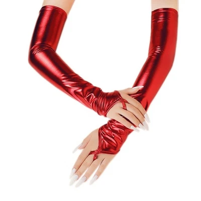 SALES Red Wet Look Faux Leather Elbow Length Finger less Gloves One Size S/M/L - Image 1 of 2