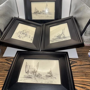 Vintage 1992-95 gerahmtes 4er Set Garnelenboot Drucke Künstler Dominicus Maters signiert - Bild 1 von 19