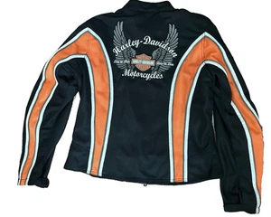 Harley Davidson Jacket Womens Black Orange RN 103819 Size M Eagle Wings Nylon - Picture 1 of 8