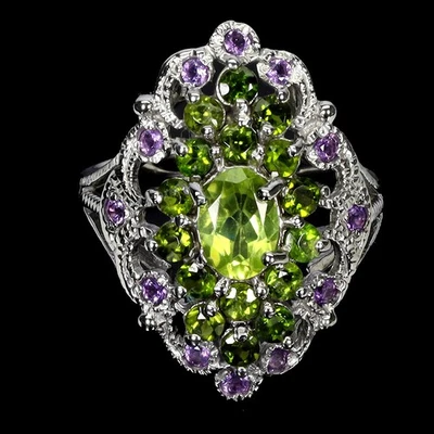 925 Sterling Silver Ring Oval Peridot 7x5mm Amethyst Gemstone Jewelry Size 9 - Image 1 of 4
