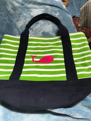 Navy Green Canvas pink white stripe Purse Shoulder Tote Bag Whale Preppy Vintage - Image 1 of 4