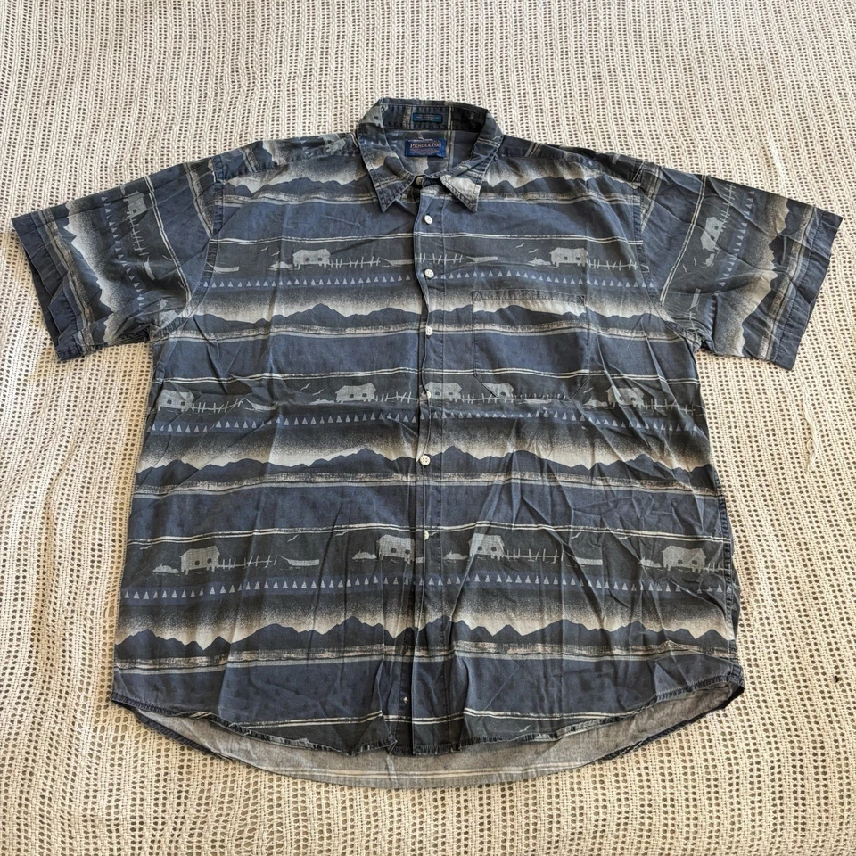 Vintage Pendleton Shirt Aztec Button Short Sleeve Blue Gray Men’s Large Gorp Y2K - Image 1 of 4
