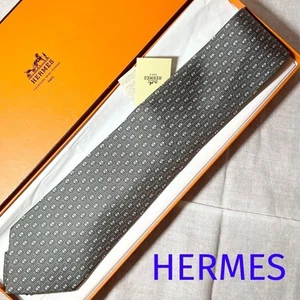 Hermes Gray Silk Tie H Pattern Padlock Motif 148 cm Length 9.5 cm Wide End New - Picture 1 of 12