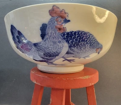 Antiguo gallo Qing Republic 9,75" diámetro olla/tazón porcelana 1800-1849  Foto 1 de 4