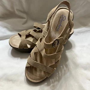 Skechers Women’s Wedge Sandals Memory Foam Cage Strappy Tan suede Size 8 - Picture 1 of 7
