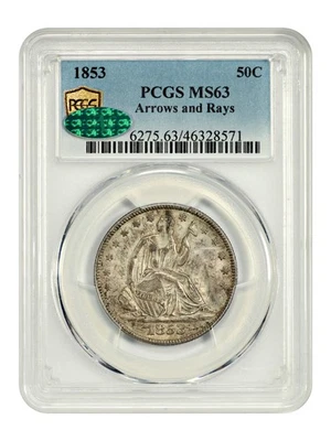 1853 50C PCGS/CAC MS63 (Arrows and Rays) - Liberty Seated Half Dollar - Image 1 of 4