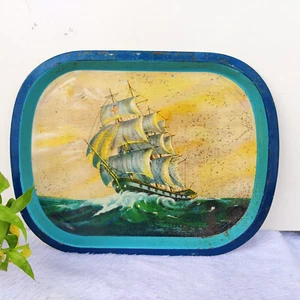 1950s Vintage Ship in Ocean Waves Graphics Tin Tray Decorative Collectible T947 - Picture 1 of 6