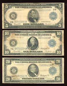 Set of 1914 $5 $10 $20 Blue seal Federal Reserve Notes Large Size - Picture 1 of 2