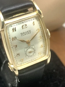 Gruen Curvex Men's Watch Vintage Hand Winding 10k Gold Filled Black Leather Band - Picture 1 of 14