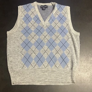 1980s Argyle Acrylic Blue Grey V Neck Sweater Vest Jumper Womens XL - Picture 1 of 6