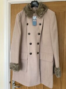 M&S Beige (Biscuit) Double Breasted Warm Winter Coat With Faux Fur Trims NEW 18
