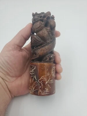 Antique Chinese Brown Jade Double Dragon Pearl Chop Seal Marked - Image 1 of 4