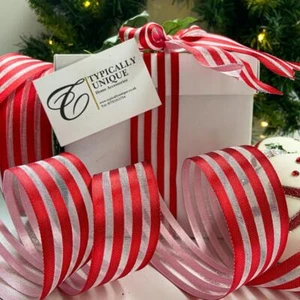 New Christmas Wire Edged Ribbon Red Stripe Gift Wrapping Bows Crafts 'Joy' - Picture 1 of 4