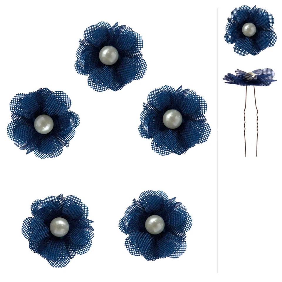 5 épingles cheveux mariage soirée fleur bleu foncé cabochon nacré ivoire - Photo 1/1