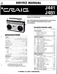 RADIO AM/FM/MPX PORTÁTIL CRAIG J441, J481 CON GRABADORA DE CASETE, MANUAL DE SERVICIO - Imagen 1 de 1