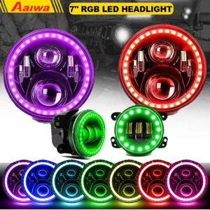 RGB Halo 7'' LED Headlights +4'' Fog Lights Combo Kit For 07-17 Jeep Wrangler JK - Picture 1 of 13