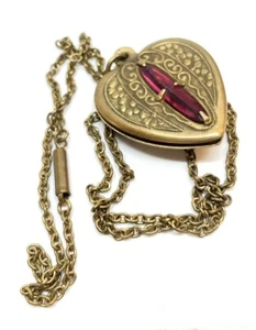 Antique Victorian Gilt Brass Red Bezel Stone Heart Slide Locket 20” - Picture 1 of 12