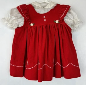 Vintage Kleid 24 Monate Mädchen rot Samt Urlaub Shirt bestickt Blume lesen - Bild 1 von 10