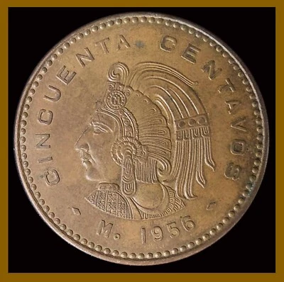 Mexico 50 Centavos Coin, 1956-1959 KM# 450 Cuauhtemoc Eagle Snake Cir - Image 1 of 4