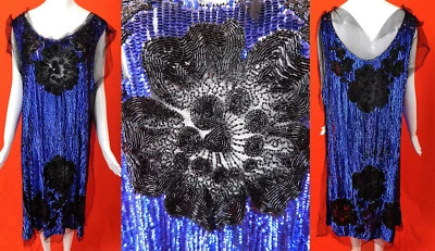 Vintage Art Deco Cobalt Blue Sequin Beaded Black Net Flapper Dress Fabric Unworn - Image 1 of 4