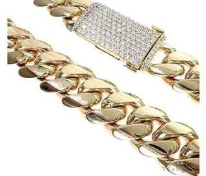 14K Miami Cuban Yellow Gold Link Chain Necklace with Diamond 5ct 15mm 24In 300g - Picture 1 of 3