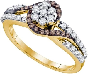 10k White Gold Cognac Chocolate Brown Diamond Flower Cluster Bridal Ring 1/2Cttw - Picture 1 of 3