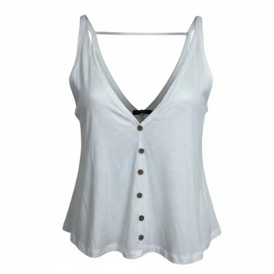 Camiseta sin mangas Angie recortada talla XS blanca con tiras en la espalda trapecio fluido jersey tejido Foto 1 de 4