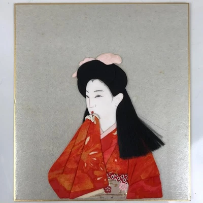 Tablero de arte japonés Shikishi tela Oshie de colección kimono mujer naranja negro A694 Foto 1 de 4