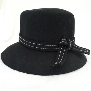 Daniele Meucci Black Felt Cloche Hat 100% Wool Florence Italy Bow Bucket - Picture 1 of 9