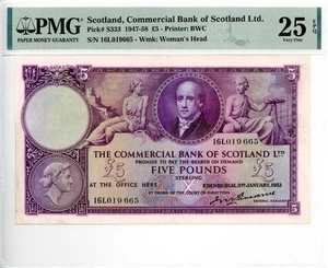 Scotland Commercial Bank of Scotland 5 Pounds Banknote 1951 PMG 25 VF EPQ - Picture 1 of 4