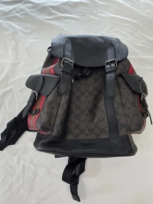 Coach Hudson Backpack Black Leather Signature Canvas Stripe Red Orange C1242 - Image 1 of 4