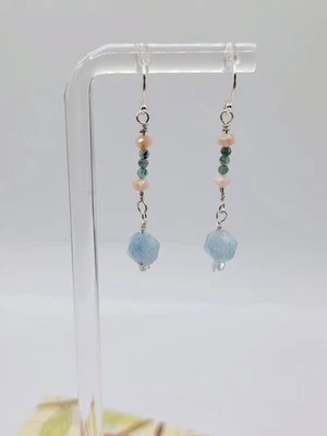 Pendientes colgantes de plata de ley rosa ópalo aguamarina hechos artesanales (kleone) 1,75" Foto 1 de 3